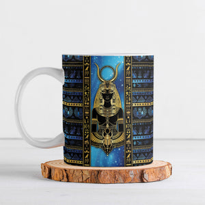 Egyptian Goddess Hathor Ceramic Mug Galaxy Ancient Mythology Sun Disk Cow Horn