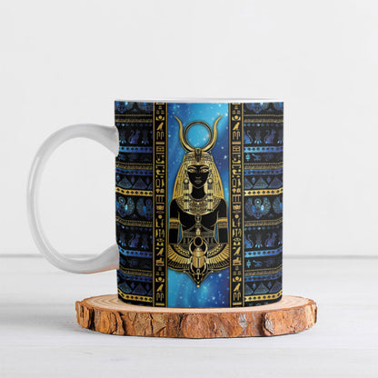 Egyptian Goddess Hathor Ceramic Mug Galaxy Ancient Mythology Sun Disk Cow Horn