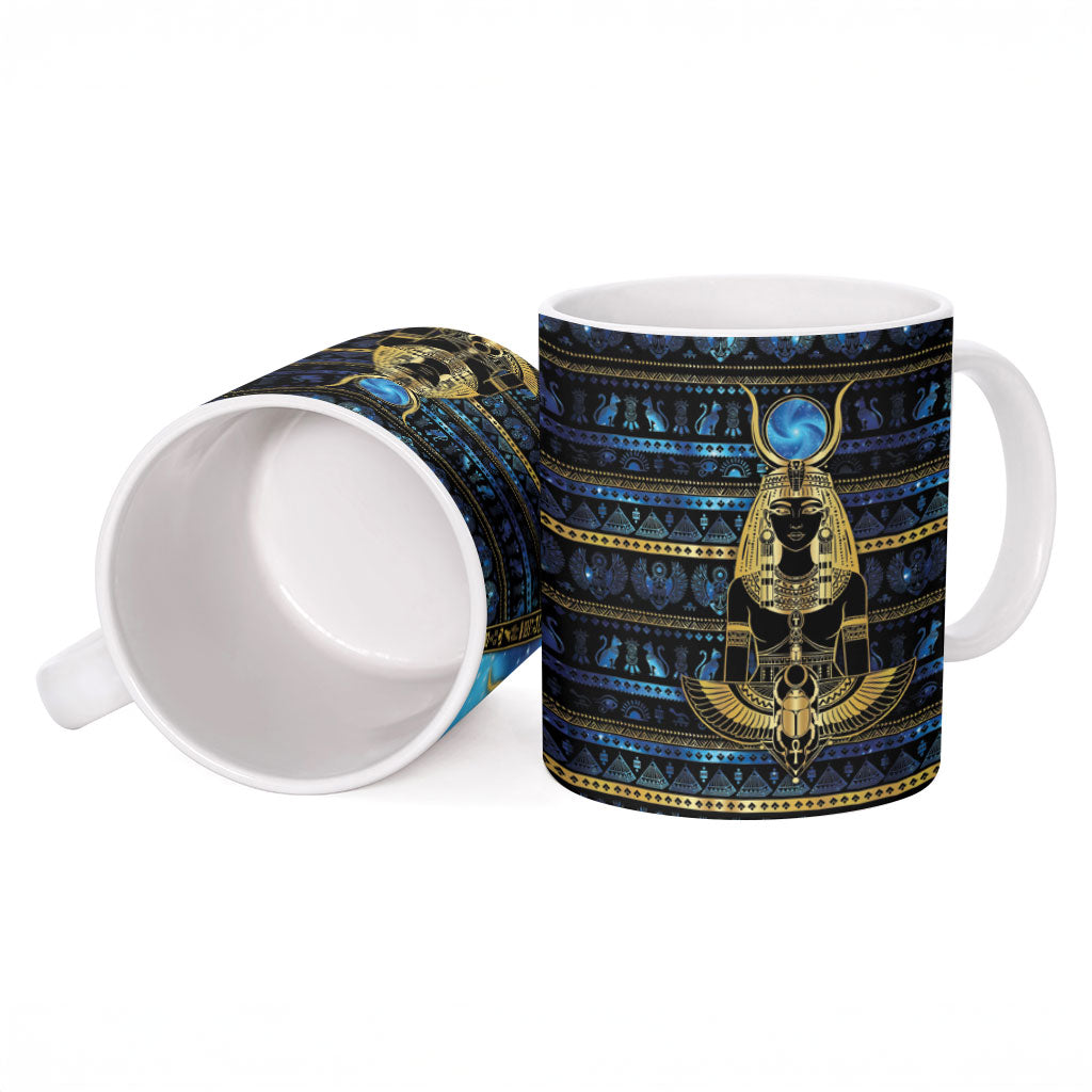 Egyptian Goddess Hathor Ceramic Mug Galaxy Ancient Mythology Sun Disk Cow Horn