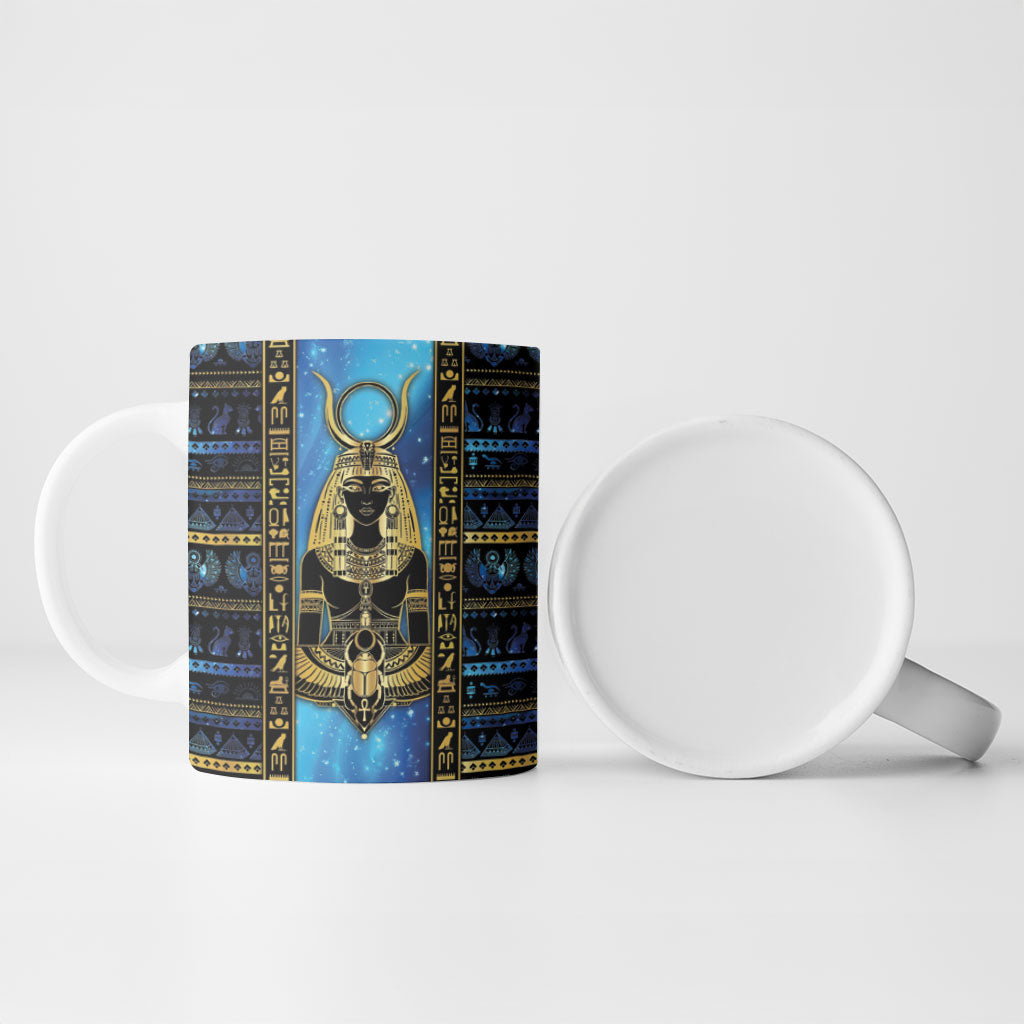 Egyptian Goddess Hathor Ceramic Mug Galaxy Ancient Mythology Sun Disk Cow Horn