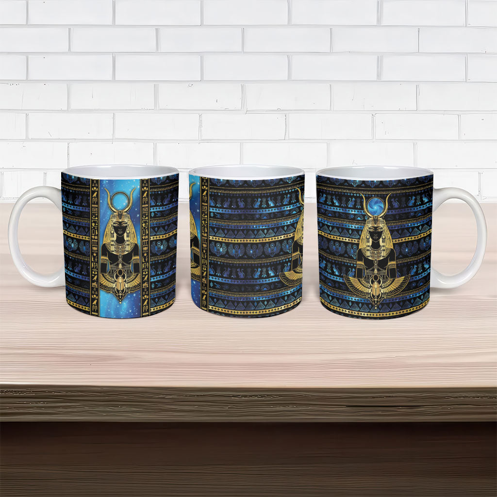 Egyptian Goddess Hathor Ceramic Mug Galaxy Ancient Mythology Sun Disk Cow Horn