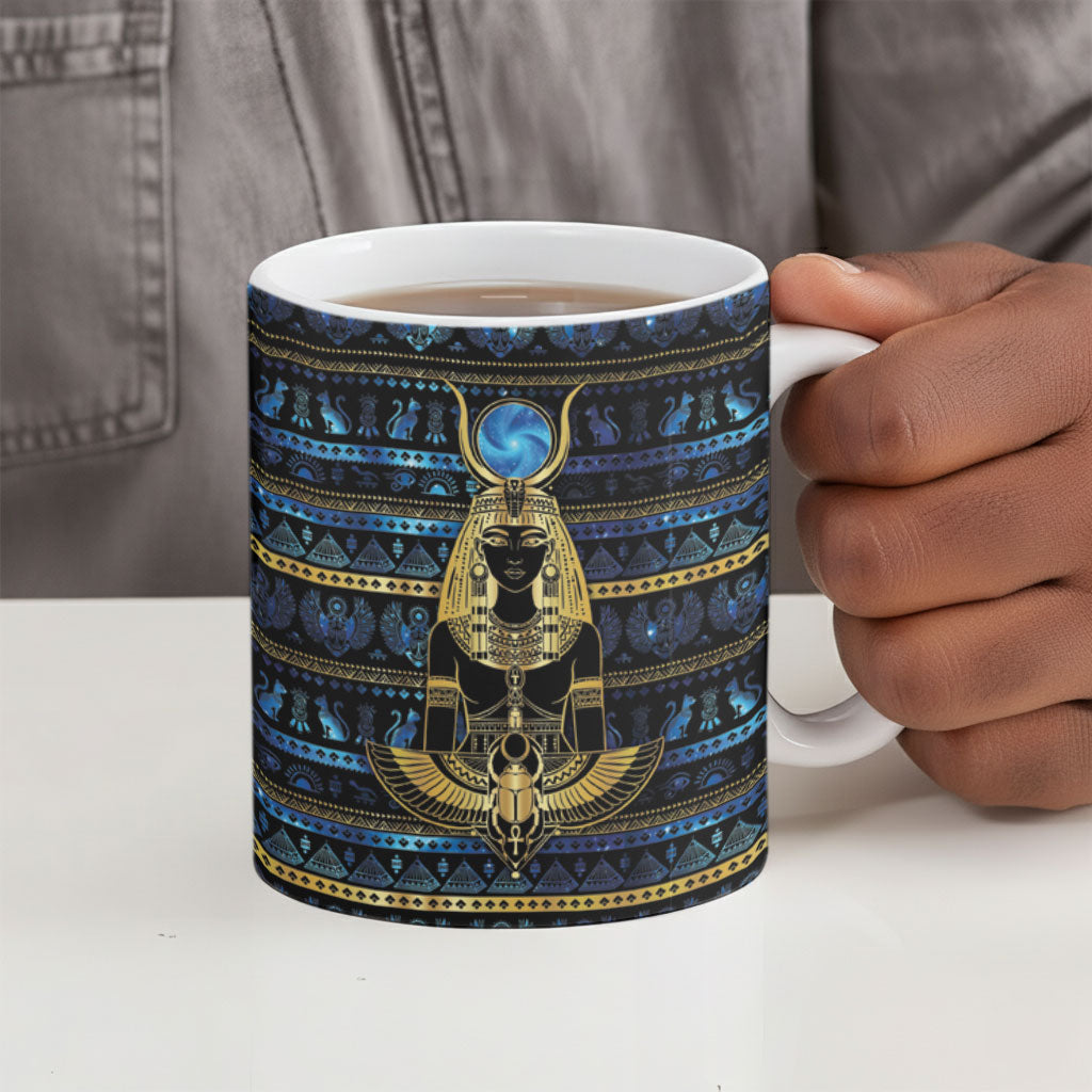 Egyptian Goddess Hathor Ceramic Mug Galaxy Ancient Mythology Sun Disk Cow Horn