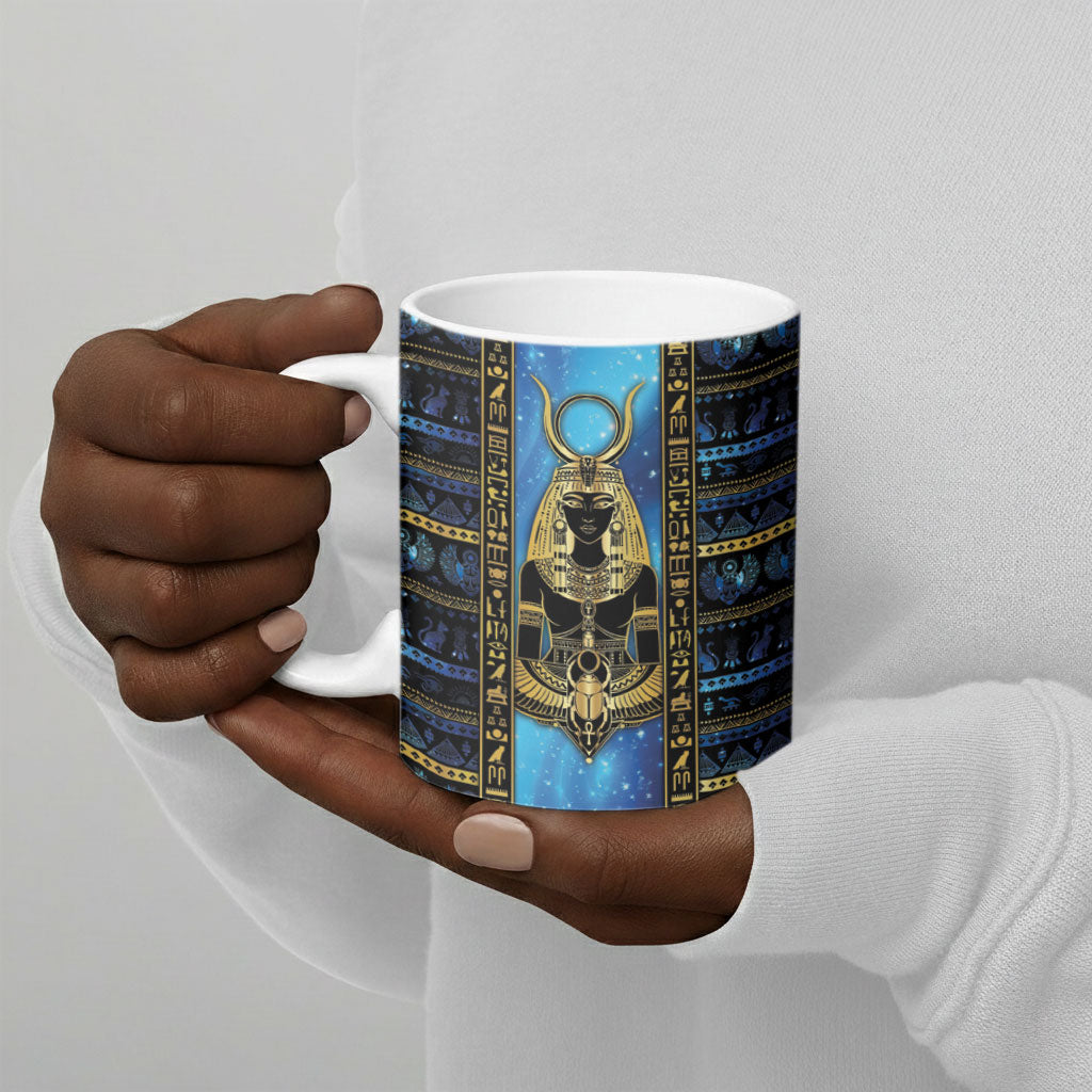 Egyptian Goddess Hathor Ceramic Mug Galaxy Ancient Mythology Sun Disk Cow Horn