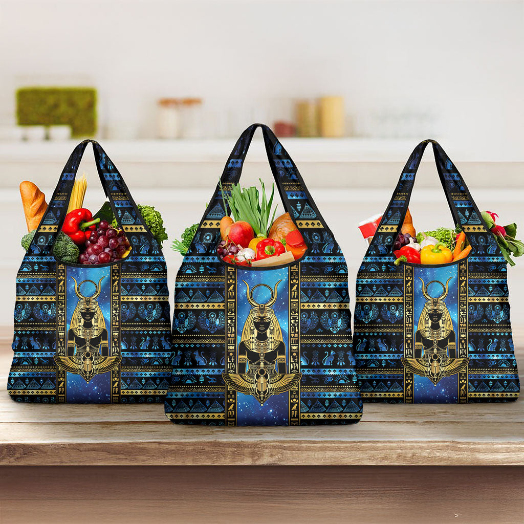 Egyptian Goddess Hathor Grocery Bag Galaxy Ancient Mythology Sun Disk Cow Horn