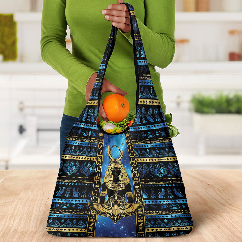 Egyptian Goddess Hathor Grocery Bag Galaxy Ancient Mythology Sun Disk Cow Horn