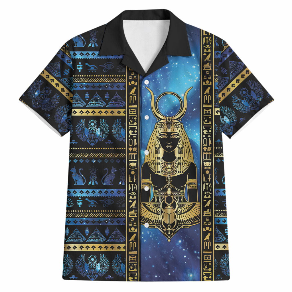 Egyptian Goddess Hathor Hawaiian Shirt Galaxy Ancient Mythology Sun Disk Cow Horn