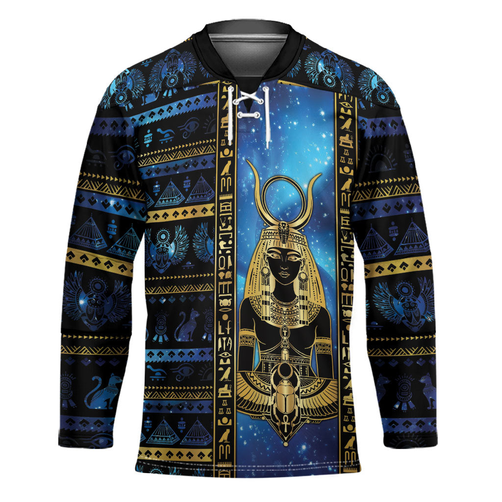 Egyptian Goddess Hathor Hockey Jersey Galaxy Ancient Mythology Sun Disk Cow Horn