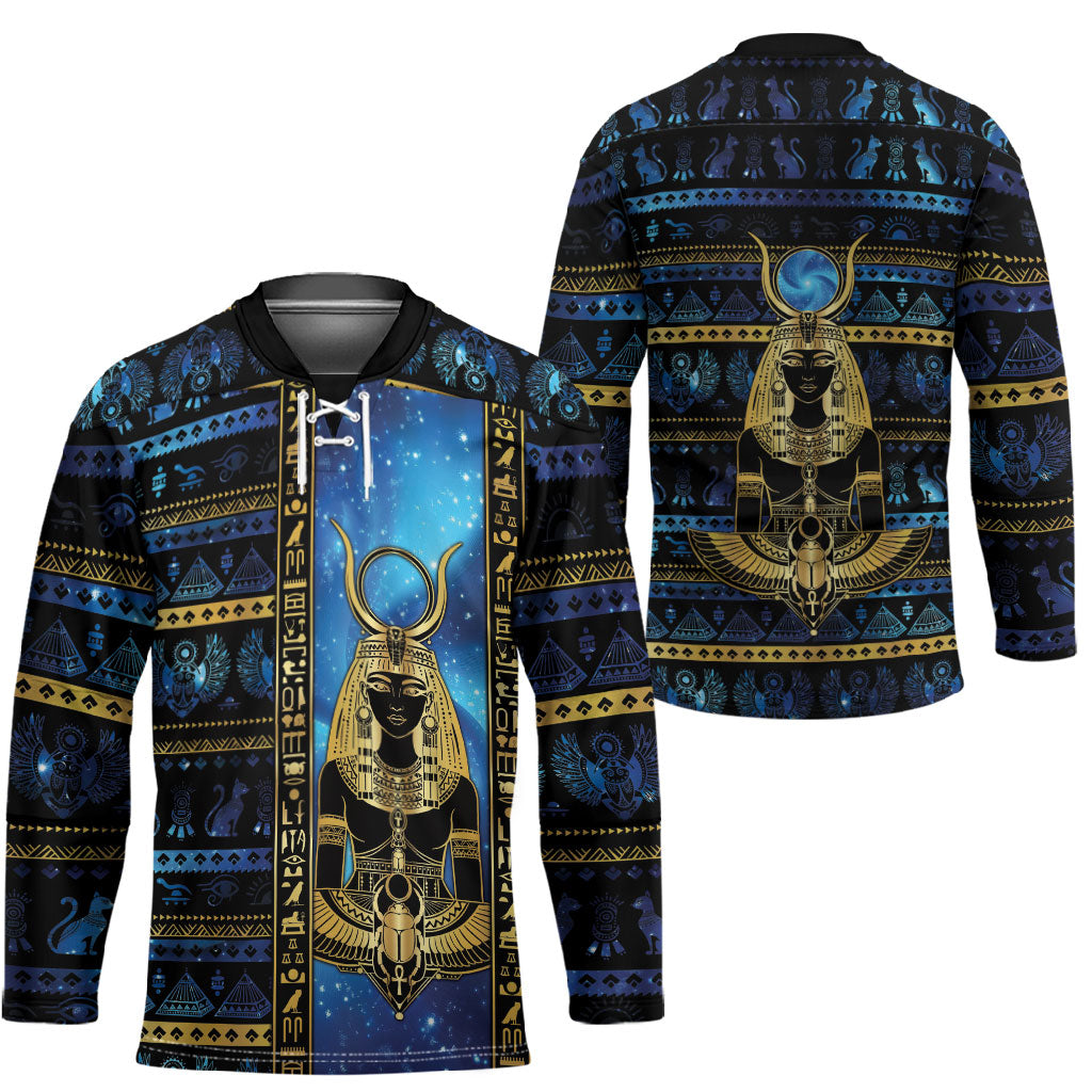 Egyptian Goddess Hathor Hockey Jersey Galaxy Ancient Mythology Sun Disk Cow Horn