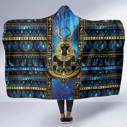 Egyptian Goddess Hathor Hooded Blanket Galaxy Ancient Mythology Sun Disk Cow Horn