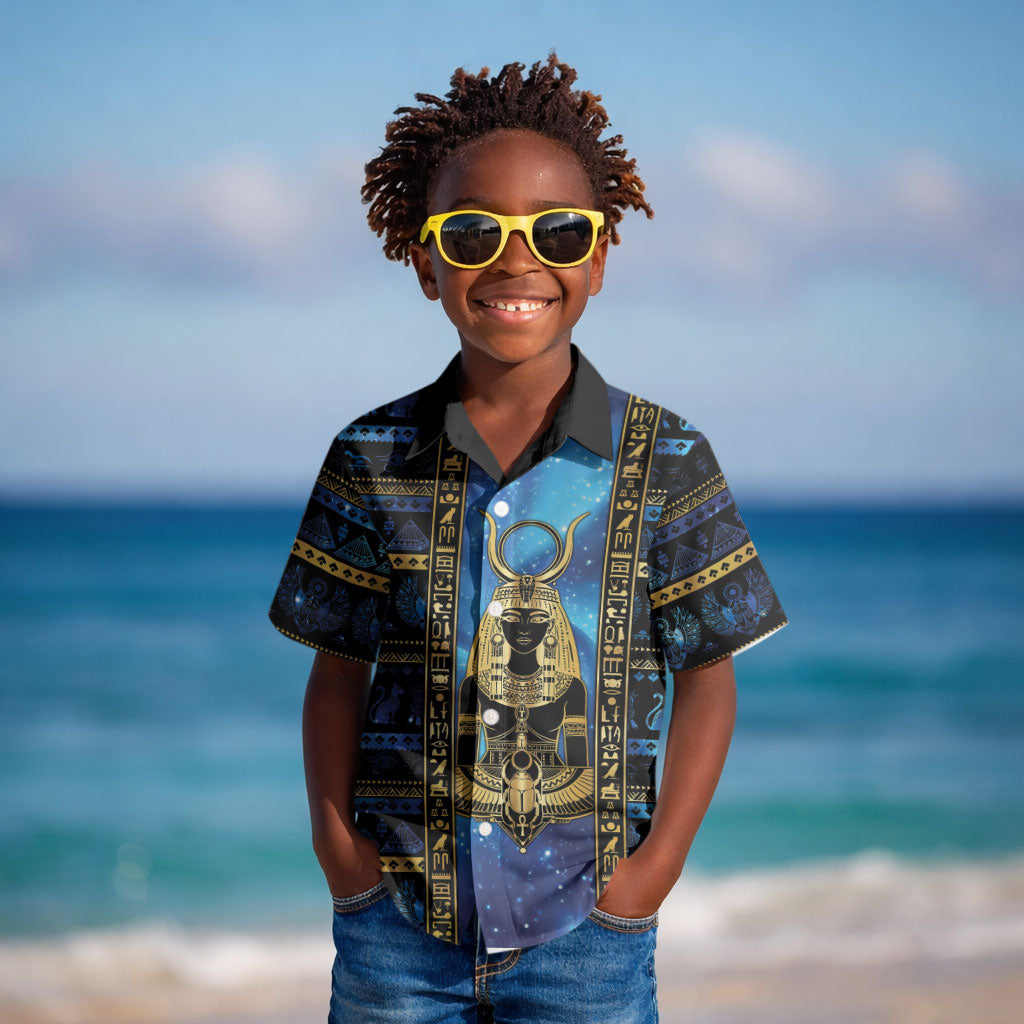 Egyptian Goddess Hathor Kid Hawaiian Shirt Galaxy Ancient Mythology Sun Disk Cow Horn