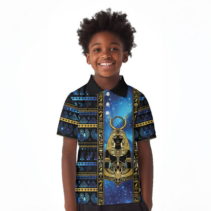 Egyptian Goddess Hathor Kid Polo Shirt Galaxy Ancient Mythology Sun Disk Cow Horn