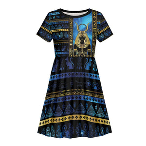 Egyptian Goddess Hathor Kid Short Sleeve Dress Galaxy Ancient Mythology Sun Disk Cow Horn