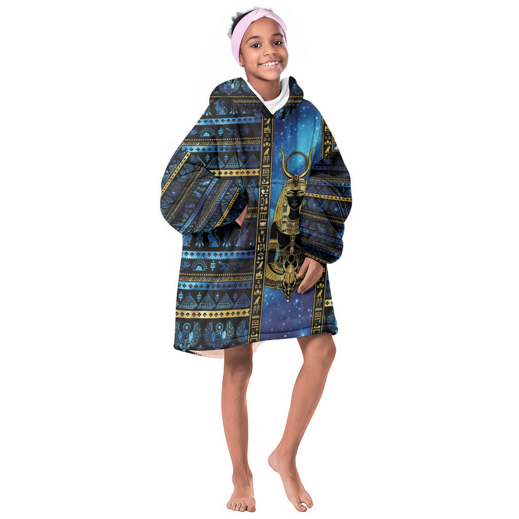 Egyptian Goddess Hathor Kid Wearable Blanket Hoodie Galaxy Ancient Mythology Sun Disk Cow Horn