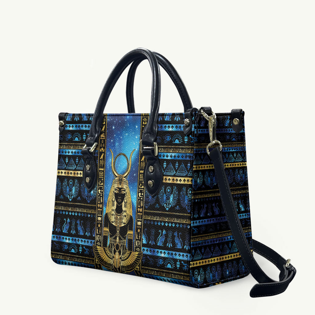 Egyptian Goddess Hathor Leather Bag Galaxy Ancient Mythology Sun Disk Cow Horn