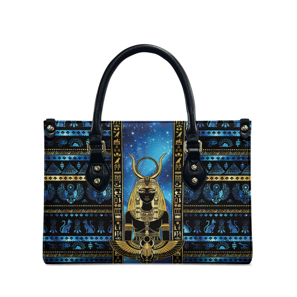 Egyptian Goddess Hathor Leather Bag Galaxy Ancient Mythology Sun Disk Cow Horn