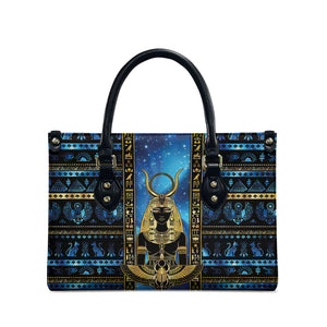 Egyptian Goddess Hathor Leather Bag Galaxy Ancient Mythology Sun Disk Cow Horn