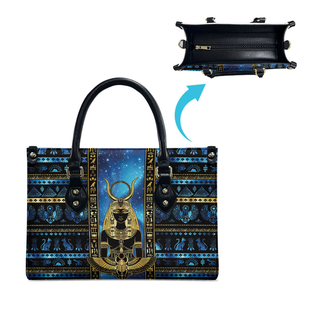 Egyptian Goddess Hathor Leather Bag Galaxy Ancient Mythology Sun Disk Cow Horn