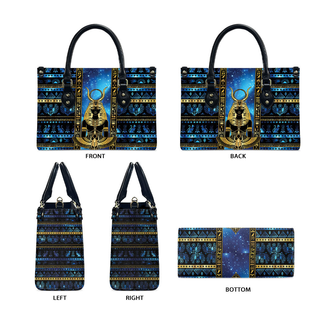 Egyptian Goddess Hathor Leather Bag Galaxy Ancient Mythology Sun Disk Cow Horn