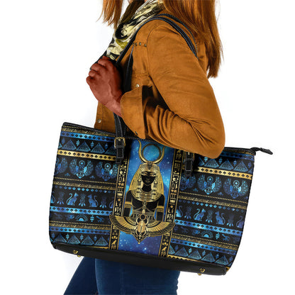 Egyptian Goddess Hathor Leather Tote Bag Galaxy Ancient Mythology Sun Disk Cow Horn