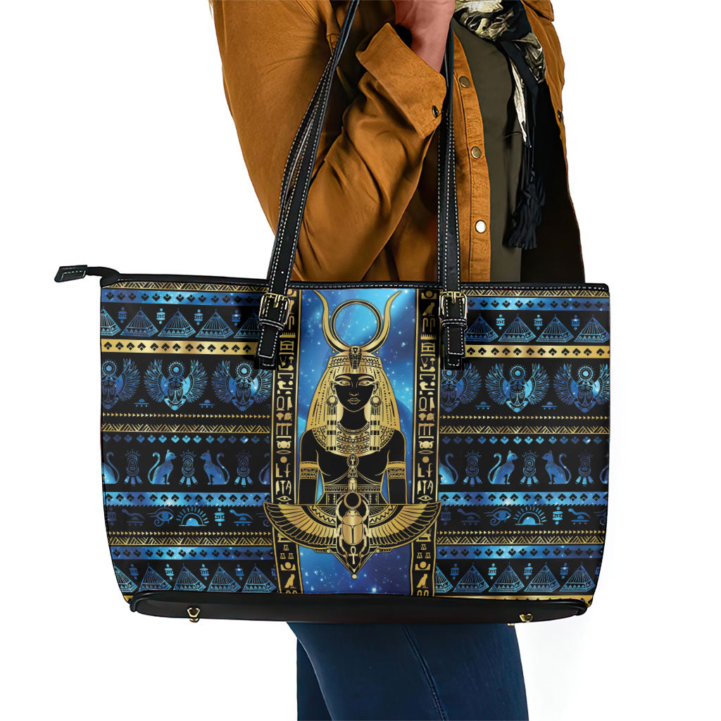 Egyptian Goddess Hathor Leather Tote Bag Galaxy Ancient Mythology Sun Disk Cow Horn