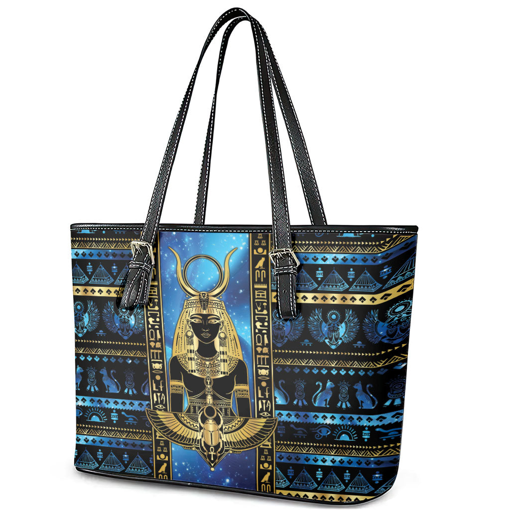 Egyptian Goddess Hathor Leather Tote Bag Galaxy Ancient Mythology Sun Disk Cow Horn