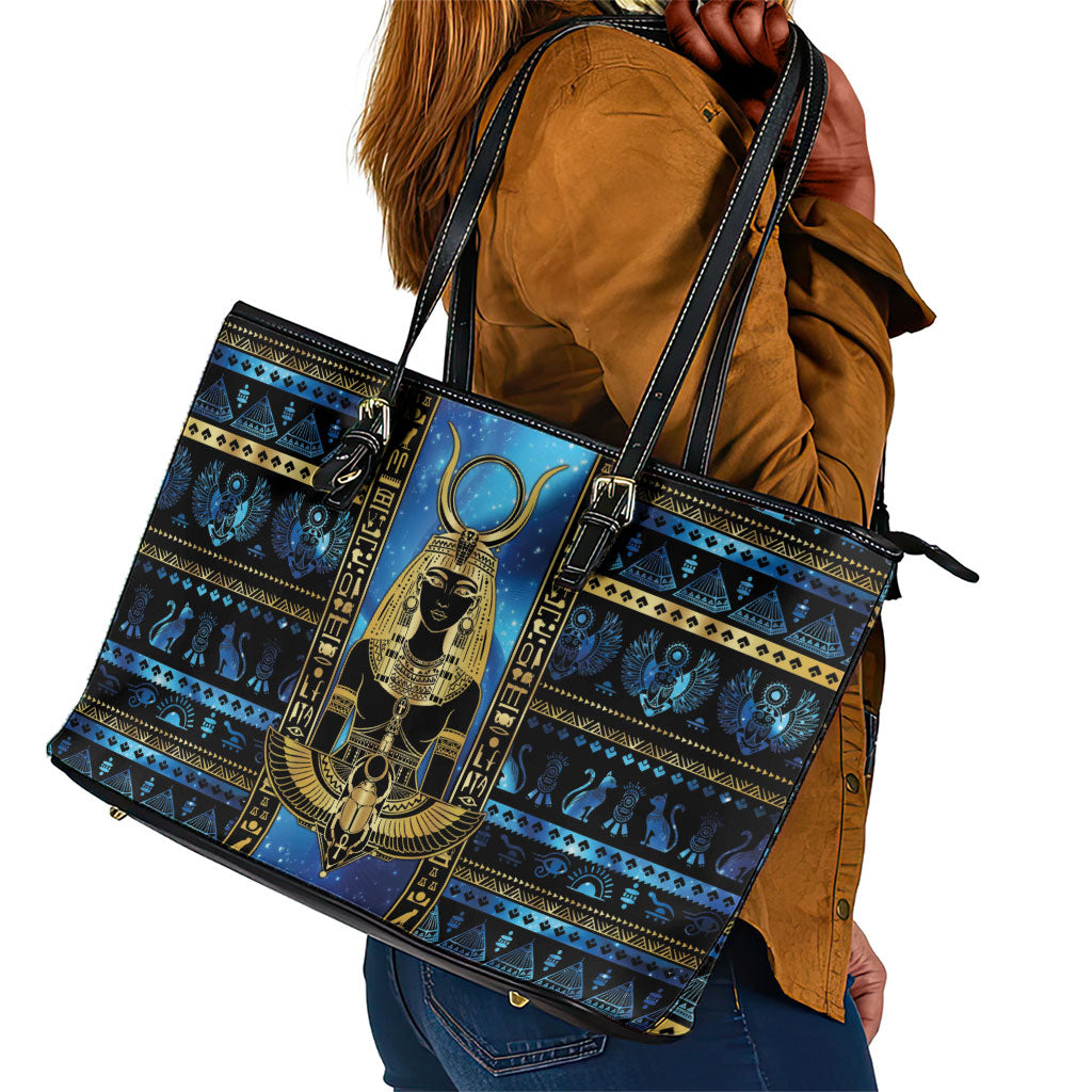 Egyptian Goddess Hathor Leather Tote Bag Galaxy Ancient Mythology Sun Disk Cow Horn