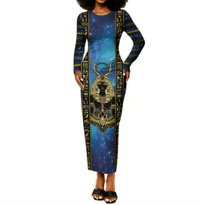 Egyptian Goddess Hathor Long Sleeve Bodycon Dress Galaxy Ancient Mythology Sun Disk Cow Horn