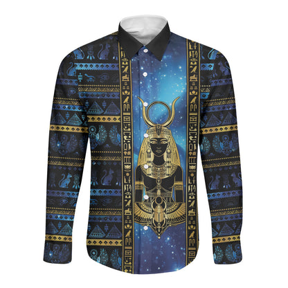 Egyptian Goddess Hathor Long Sleeve Button Shirt Galaxy Ancient Mythology Sun Disk Cow Horn