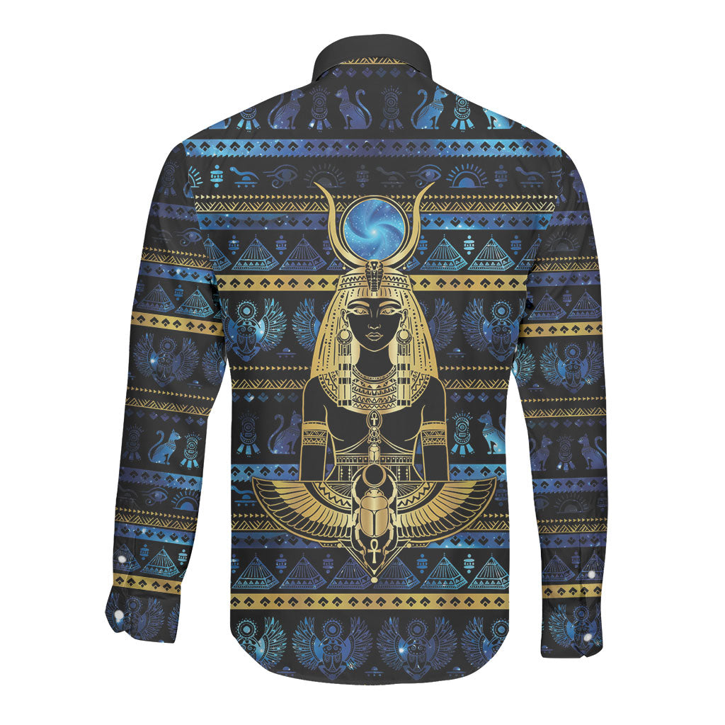 Egyptian Goddess Hathor Long Sleeve Button Shirt Galaxy Ancient Mythology Sun Disk Cow Horn