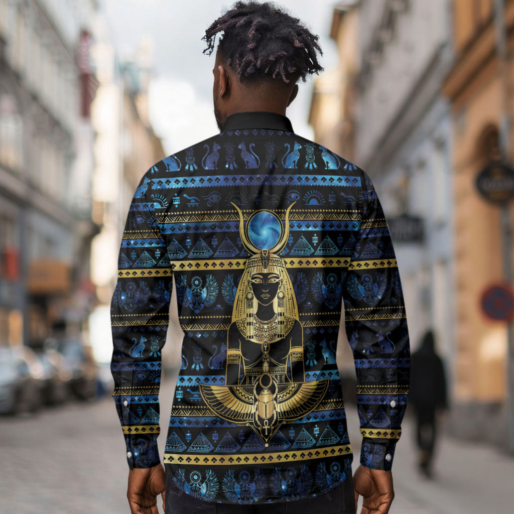 Egyptian Goddess Hathor Long Sleeve Button Shirt Galaxy Ancient Mythology Sun Disk Cow Horn