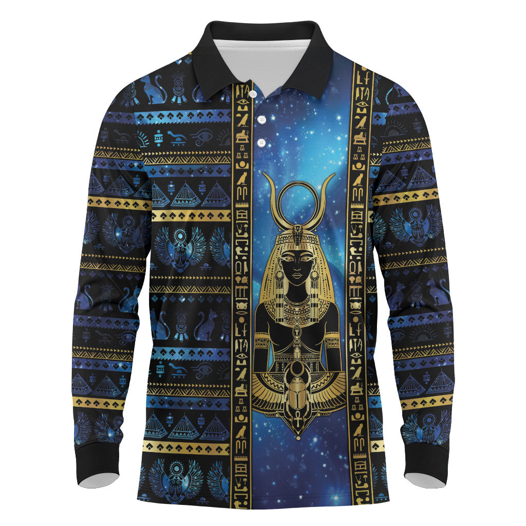 Egyptian Goddess Hathor Long Sleeve Polo Shirt Galaxy Ancient Mythology Sun Disk Cow Horn