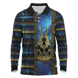 Egyptian Goddess Hathor Long Sleeve Polo Shirt Galaxy Ancient Mythology Sun Disk Cow Horn