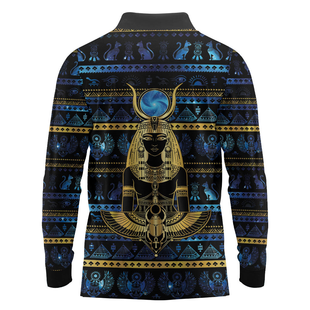 Egyptian Goddess Hathor Long Sleeve Polo Shirt Galaxy Ancient Mythology Sun Disk Cow Horn