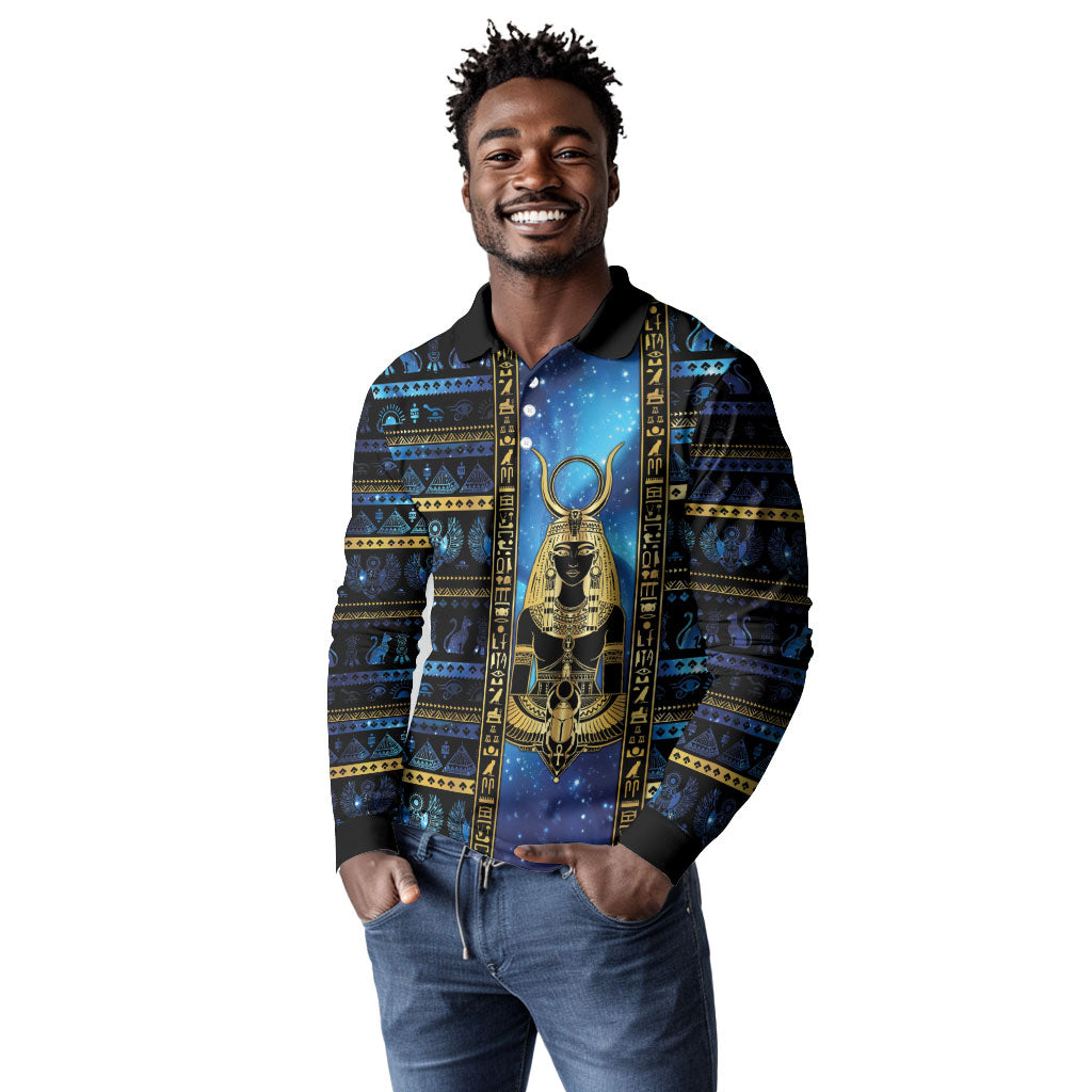 Egyptian Goddess Hathor Long Sleeve Polo Shirt Galaxy Ancient Mythology Sun Disk Cow Horn