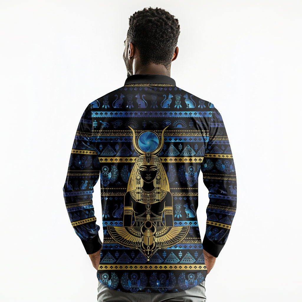 Egyptian Goddess Hathor Long Sleeve Polo Shirt Galaxy Ancient Mythology Sun Disk Cow Horn
