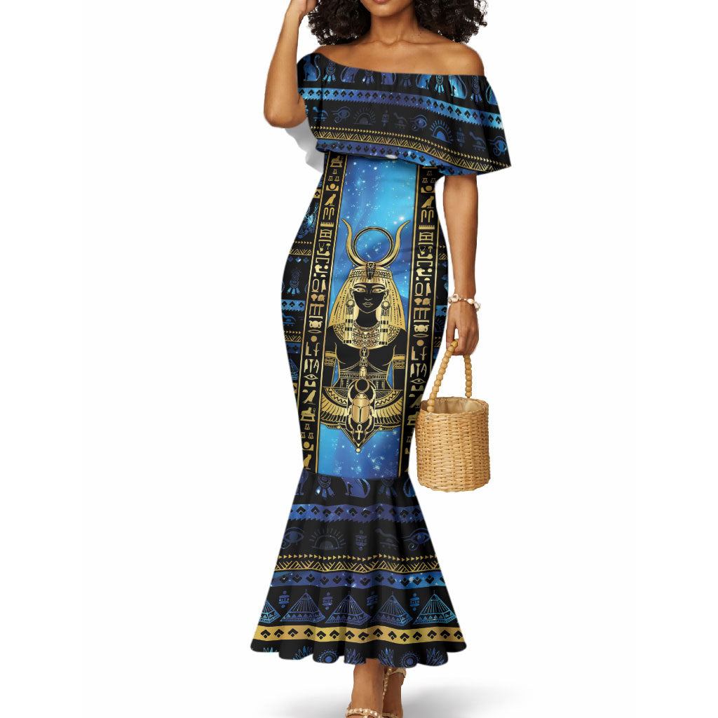 Egyptian Goddess Hathor Mermaid Dress Galaxy Ancient Mythology Sun Disk Cow Horn