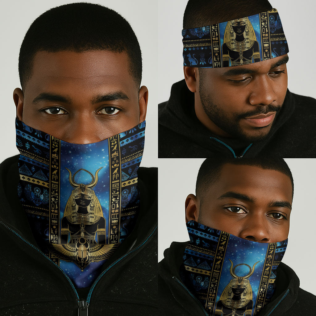 Egyptian Goddess Hathor Neck Gaiter Galaxy Ancient Mythology Sun Disk Cow Horn