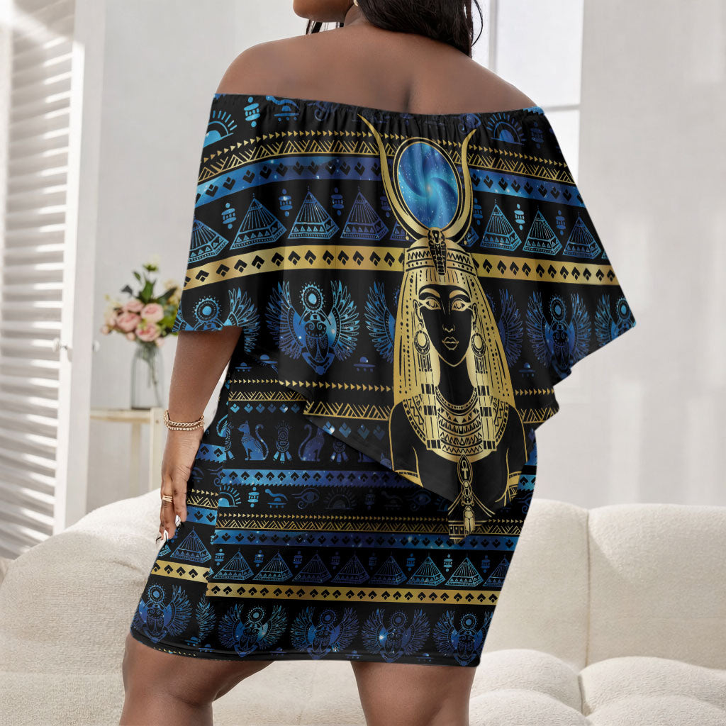 Egyptian Goddess Hathor Off Shoulder Short Dress Galaxy Ancient Mythology Sun Disk Cow Horn