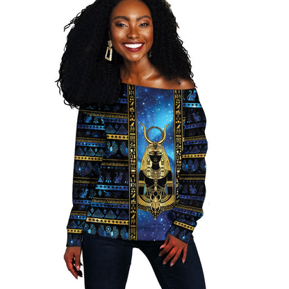 Egyptian Goddess Hathor Off Shoulder Sweater Galaxy Ancient Mythology Sun Disk Cow Horn