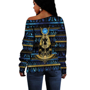 Egyptian Goddess Hathor Off Shoulder Sweater Galaxy Ancient Mythology Sun Disk Cow Horn