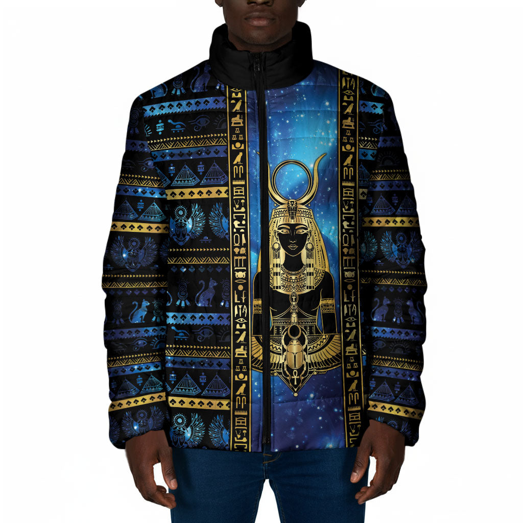 Egyptian Goddess Hathor Padded Jacket Galaxy Ancient Mythology Sun Disk Cow Horn