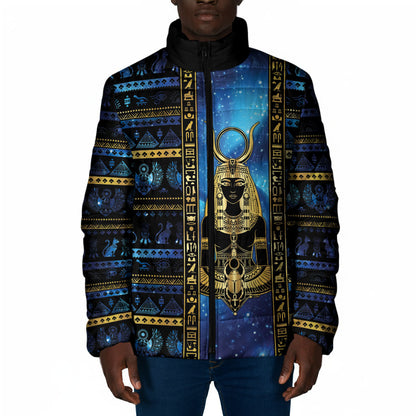 Egyptian Goddess Hathor Padded Jacket Galaxy Ancient Mythology Sun Disk Cow Horn