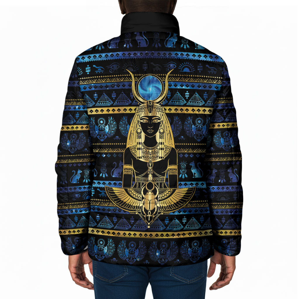 Egyptian Goddess Hathor Padded Jacket Galaxy Ancient Mythology Sun Disk Cow Horn