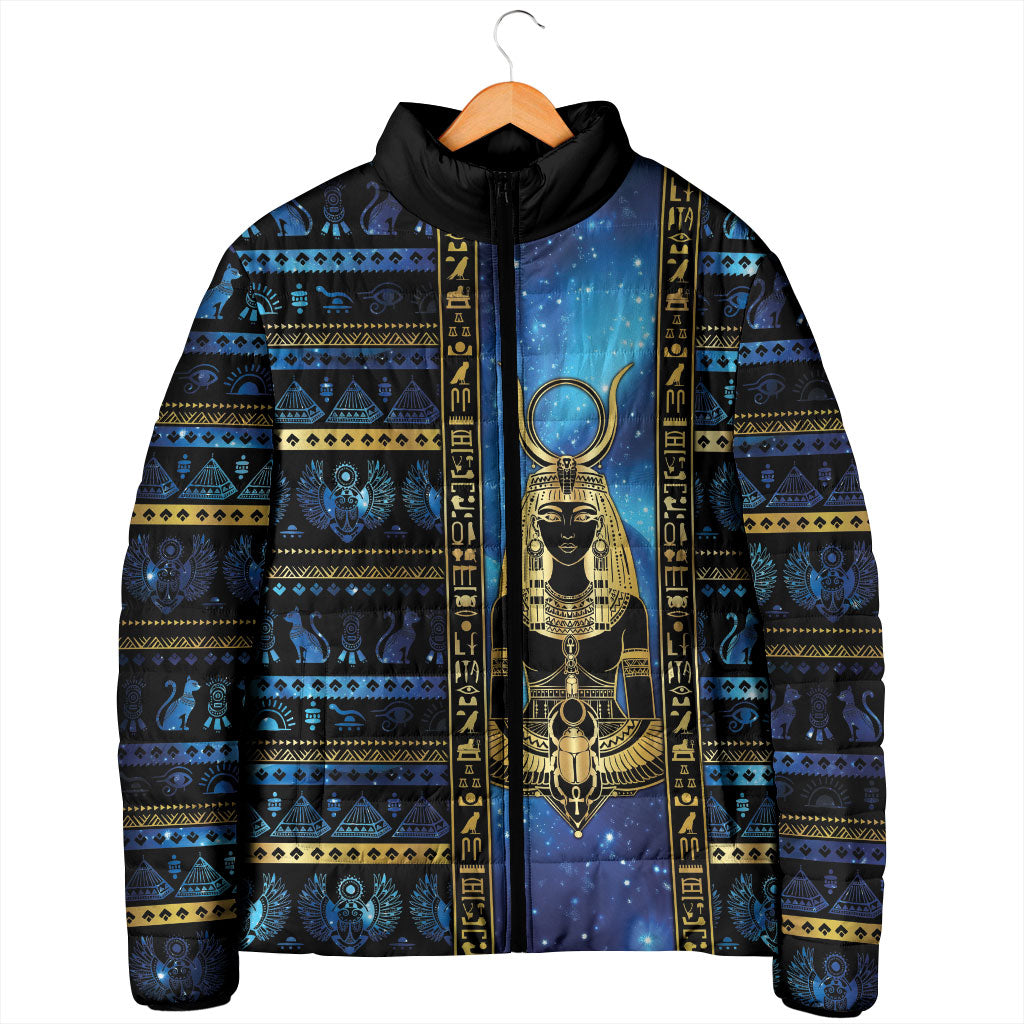 Egyptian Goddess Hathor Padded Jacket Galaxy Ancient Mythology Sun Disk Cow Horn
