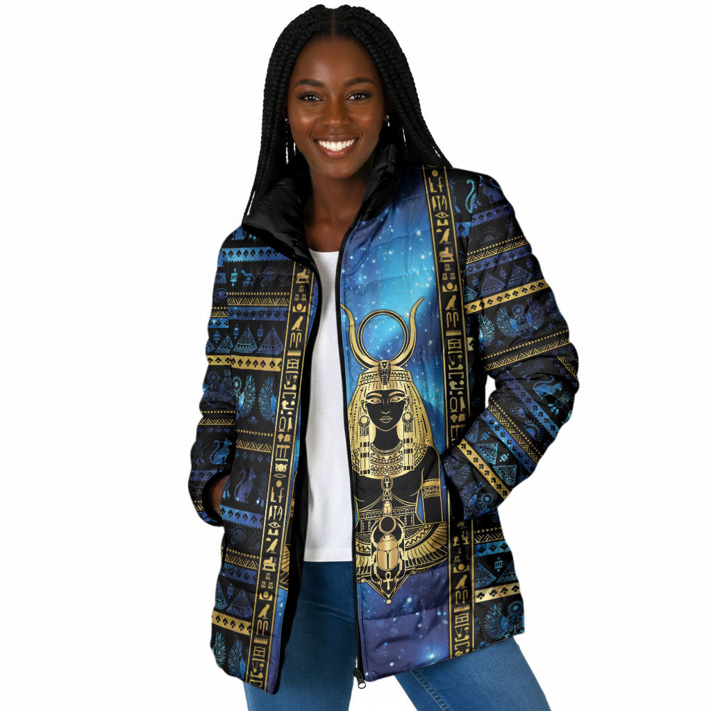 Egyptian Goddess Hathor Padded Jacket Galaxy Ancient Mythology Sun Disk Cow Horn