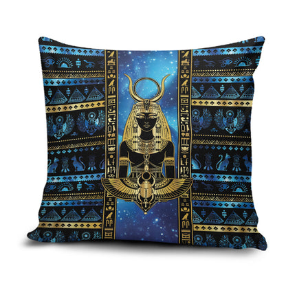Egyptian Goddess Hathor Pillow Cover Galaxy Ancient Mythology Sun Disk Cow Horn