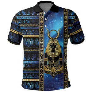 Egyptian Goddess Hathor Polo Shirt Galaxy Ancient Mythology Sun Disk Cow Horn