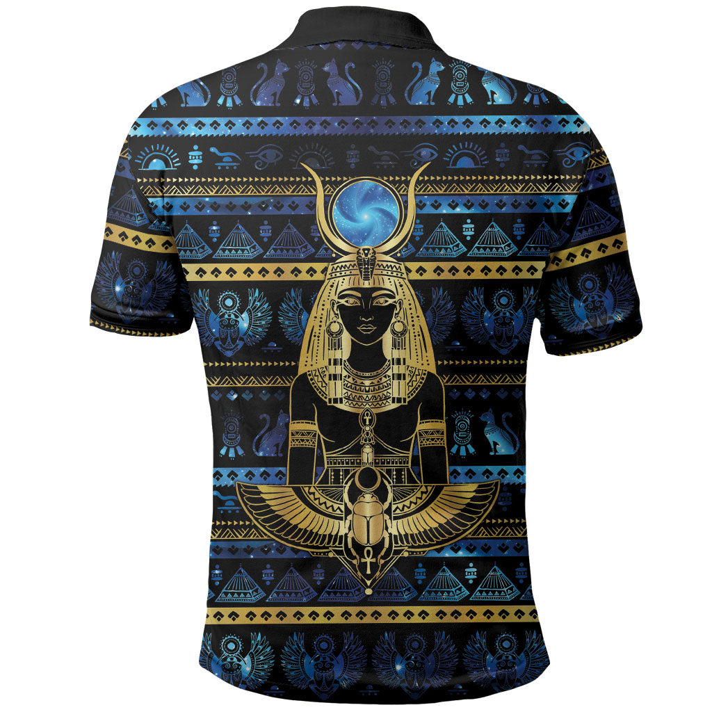 Egyptian Goddess Hathor Polo Shirt Galaxy Ancient Mythology Sun Disk Cow Horn