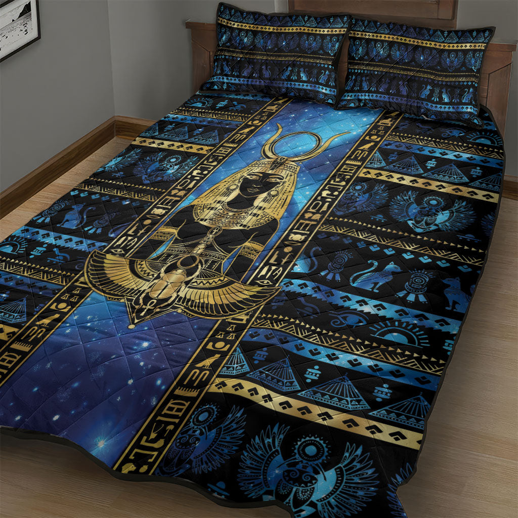 Egyptian Goddess Hathor Quilt Bed Set Galaxy Ancient Mythology Sun Disk Cow Horn