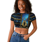 Egyptian Goddess Hathor Raglan Cropped T shirt Galaxy Ancient Mythology Sun Disk Cow Horn